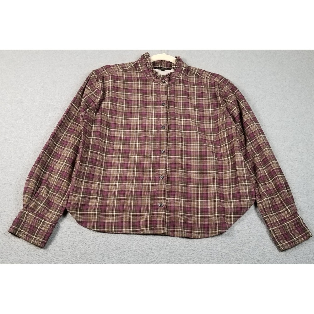 Banana Republic Button Up Shirt Women Small S Purple Plaid Ruffle Collar Flannel